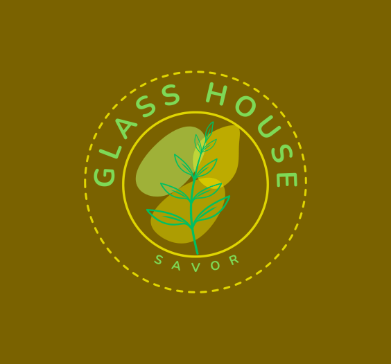 The logo of a space at The Heritage Club Tripura Castle Hotel and Spa, Shillong, featuring the name; The glass house inside a circle.