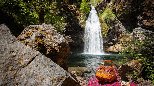 a picnic basket laying on the ground beside a waterfall
