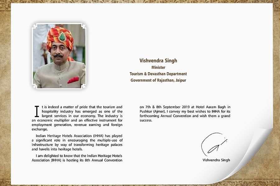 A collage image of messages from the minister of tourism and devasthan development and maharaja of Jaipur .jpg
