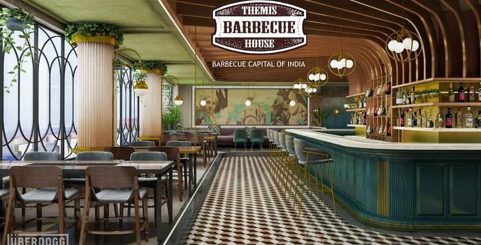 An image of a restobar at Themis Barbecue House featuring chairs and tables on one side and on the other there is a counter 