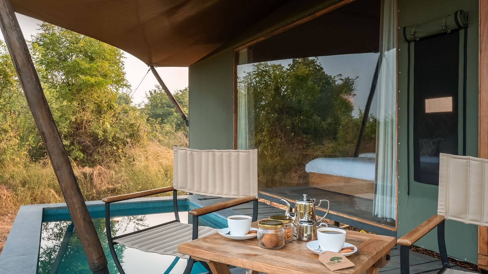 Dining setup in a tent at Trees N Tigers, Tadoba.