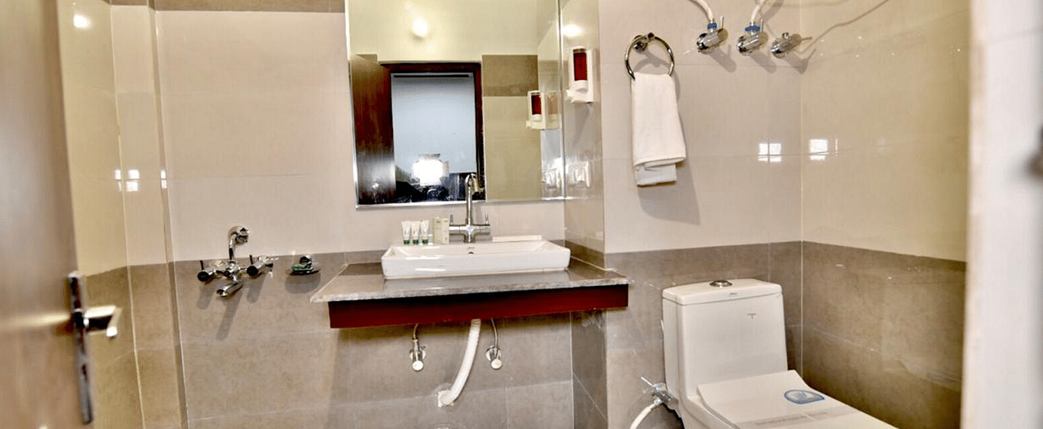 Washroom area of a room at DLS Hotel Devlok, Manali with a separate shower cubicle
