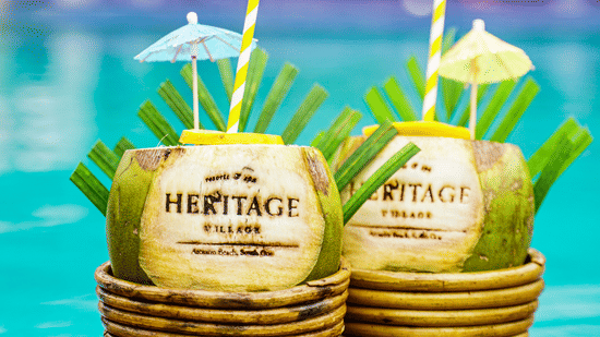 Decorated coconuts at the Pool Sunken Bar in Heritage Village Resort & Spa, Goa