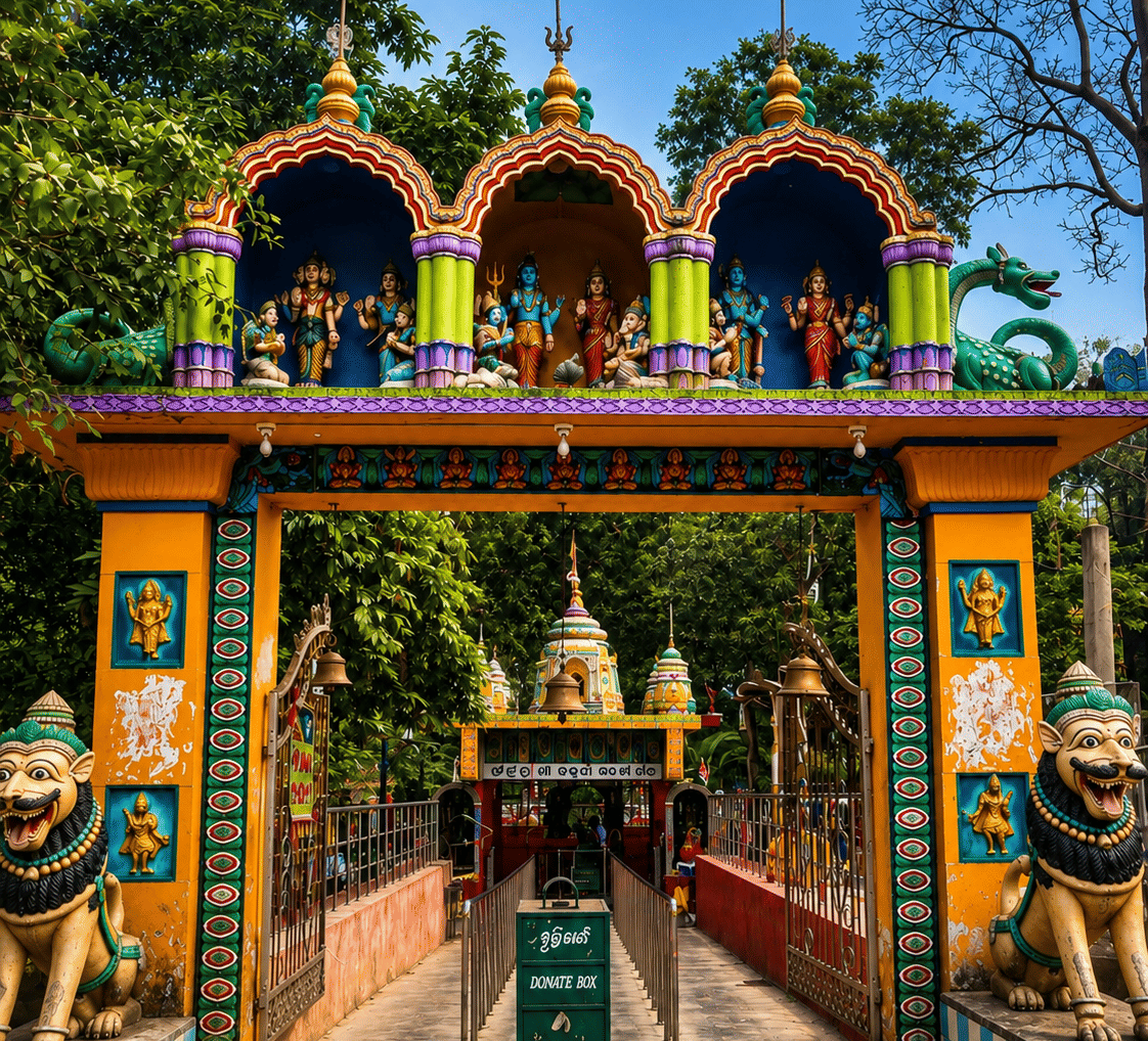 Painted temple gateway at Taptapani with deity figures in arched niches, red flags and seated lion statues, near MAYFAIR Palm Beach Resort, Gopalpur-on-Sea.