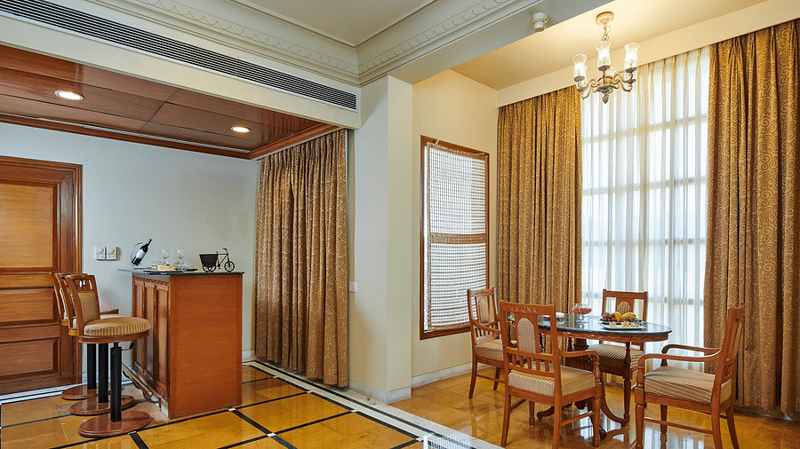 Royal Suite Bar with yellow floor and a grand decor - The Ummed Jodhpur, Palace Resort and Spa