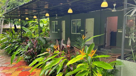 A single-story green building with a covered walkway, hanging lamps, and potted plants at Oceanature Resort, Alibaug.