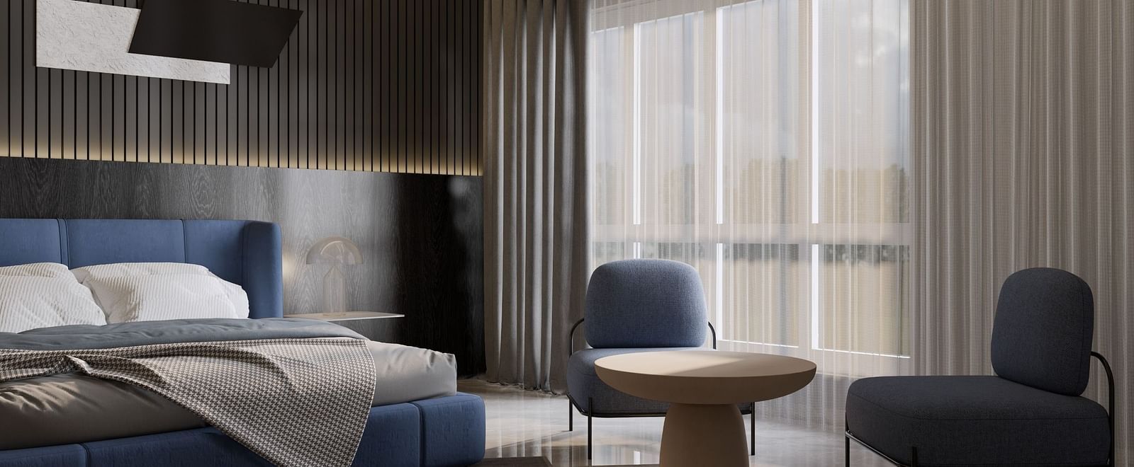 A stylish hotel room with a plush blue bed, modern decor, seating area, and floor-to-ceiling curtains at Town Square Suites.