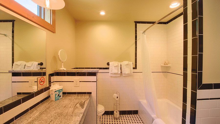 a bathroom with perfect lighting featuring a bath tub and a commode in a corner - Historic Tapoco Lodge
