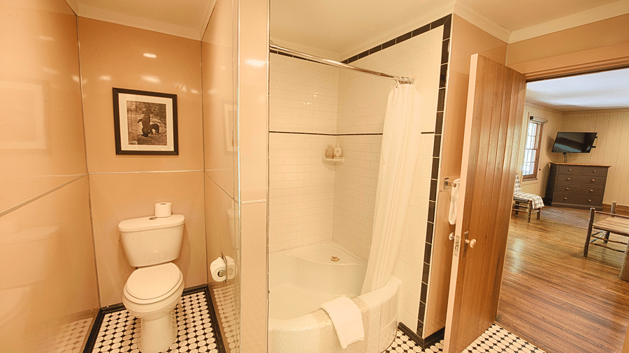 full view image of a bathroom with a commode and a bathtub with the door opening towards the room - Historic Tapoco Lodge