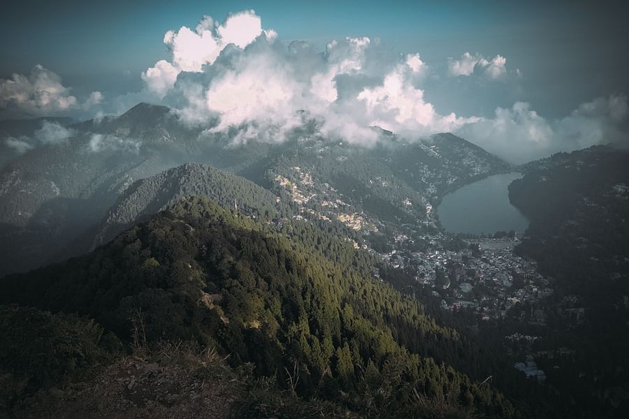 forest covered mountains with dense white clouds