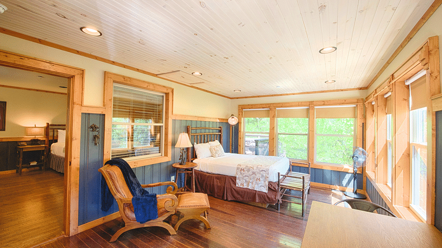 a brightly lit room with ample natural light featuring blue colored wooden panels on the wall and a double bed - Historic Tapoco Lodge