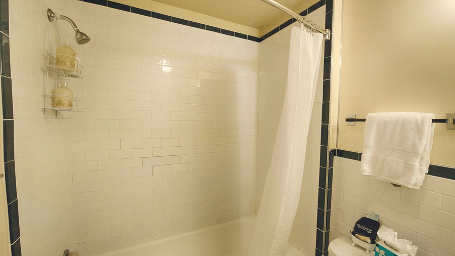 a bathtub with the shower curtains tucked inside the tub with a commode besides it - Historic Tapoco Lodge