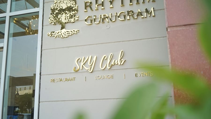 The signage of Rhythm Gurugram and SKY club at the entrance of the hotel