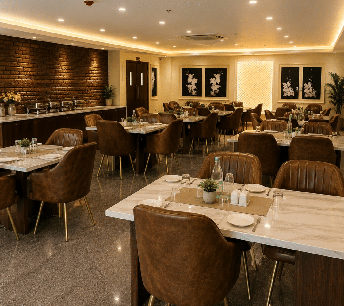 An indoor dining area or restaurant space with several set dining tables and brown chairs arranged under warm ceiling spotlights.