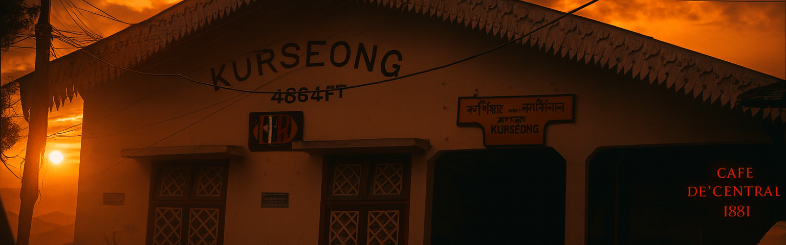 Kurseong Railway Station at 4864 feet in the Himalayas during mountain sunset with golden sky and misty hills, Darjeeling tourist attraction in West Bengal