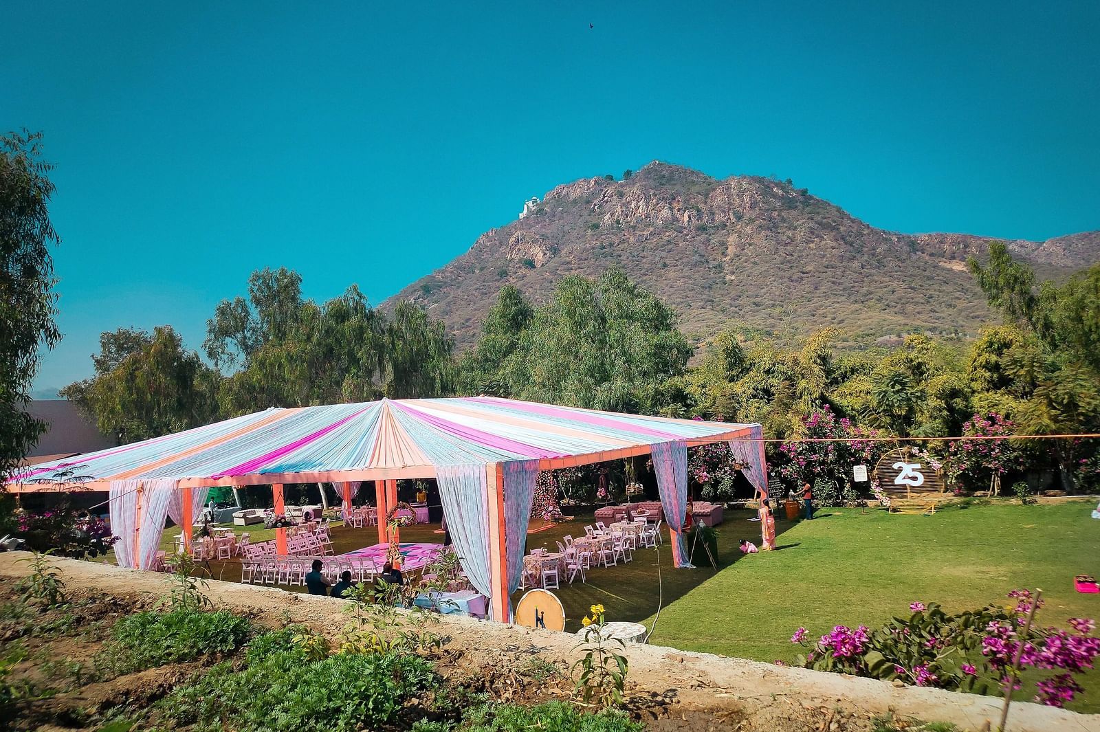 A tent with pink accents on a green lawn with a mountain view.