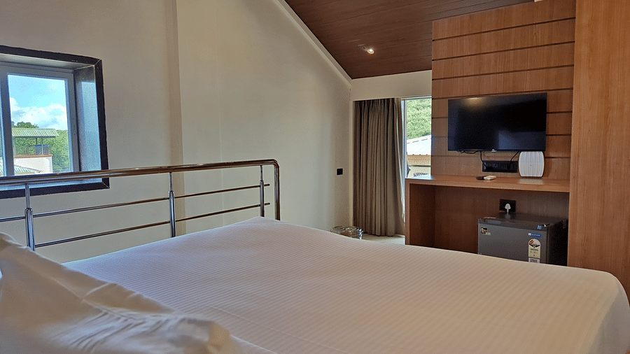 Bedroom with a double bed, loft area, television, and railing