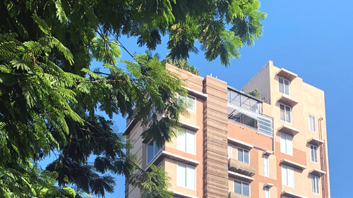 facade of theory9 service apartments in bandra during the day with trees in view.