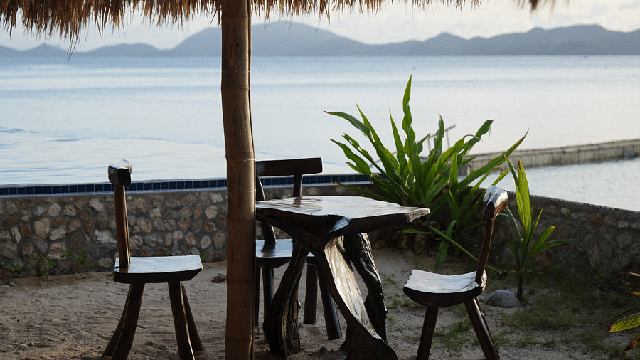 Thatched-roof beachfront seating area with ocean view and palm fronds.