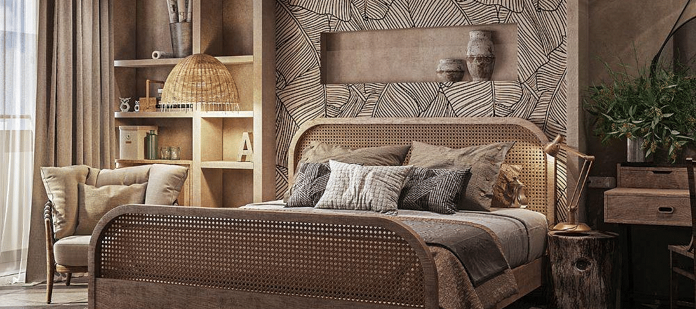 A room featuring a large bed with a small shelf above the headboard and another shelf beside the bed at The Evren, Vagator.