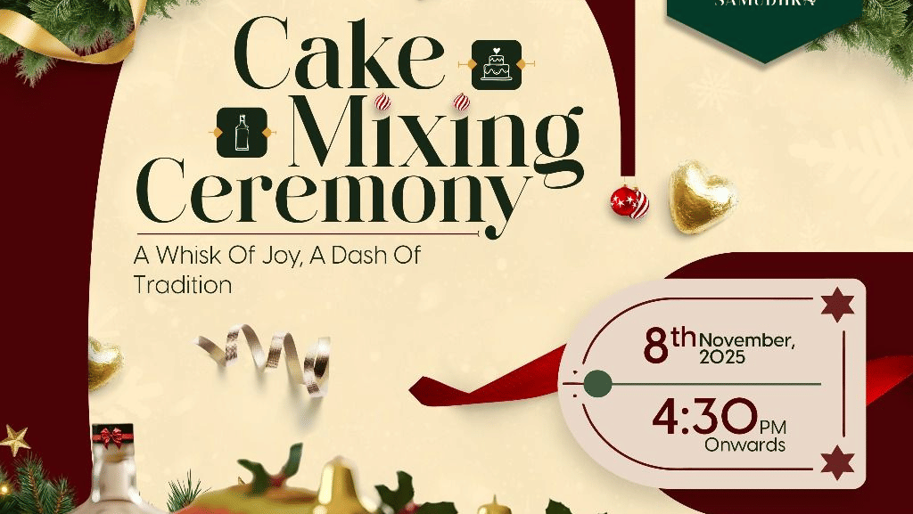 Festive cake mixing ceremony with fruits and spices at Kaldan Samudhra Palace.