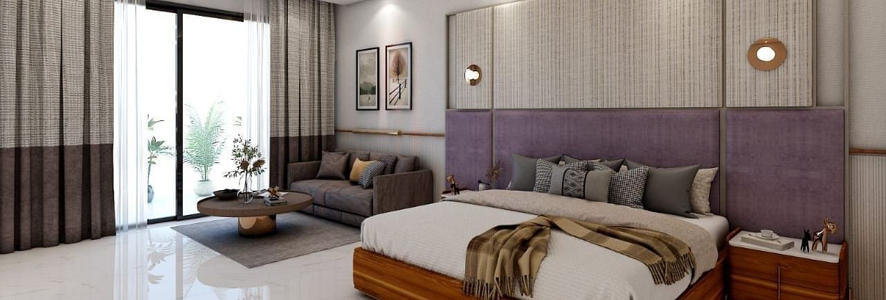 A beautiful room with ample of natural light coming from the huge french windows featuring a double bed in the room. - Namaste Corbett