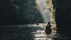 a group of people kayaking together amidst mountain cover on both sides
