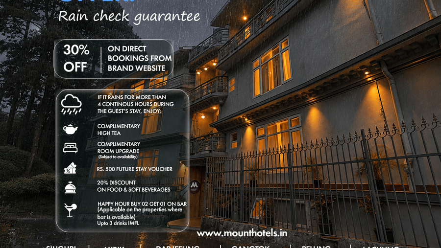 Promotional banner of Mount Hotel offering 30% off on direct bookings with a monsoon offer and rain check guarantee across multiple properties.