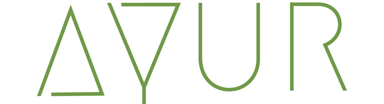Minimalist green line art logo spelling AYUR in thin geometric sans-serif lettering against a white background.