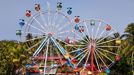 Star Wheels, two Ferris wheels with multicoloured gondolas side by side above a lawn, with a pagoda-style kiosk and palm trees at MGM Dizzee World, Chennai.