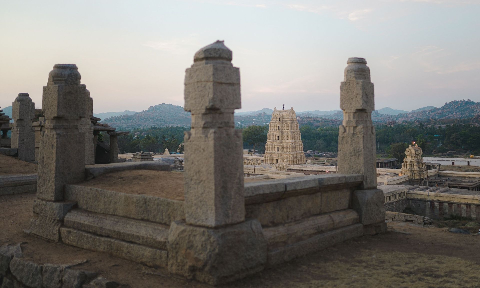Virupaksha Temple in Hampi with hills in the background.