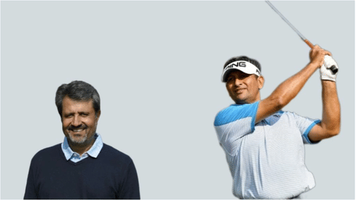 Two men, one is smiling and one swinging a golf club.