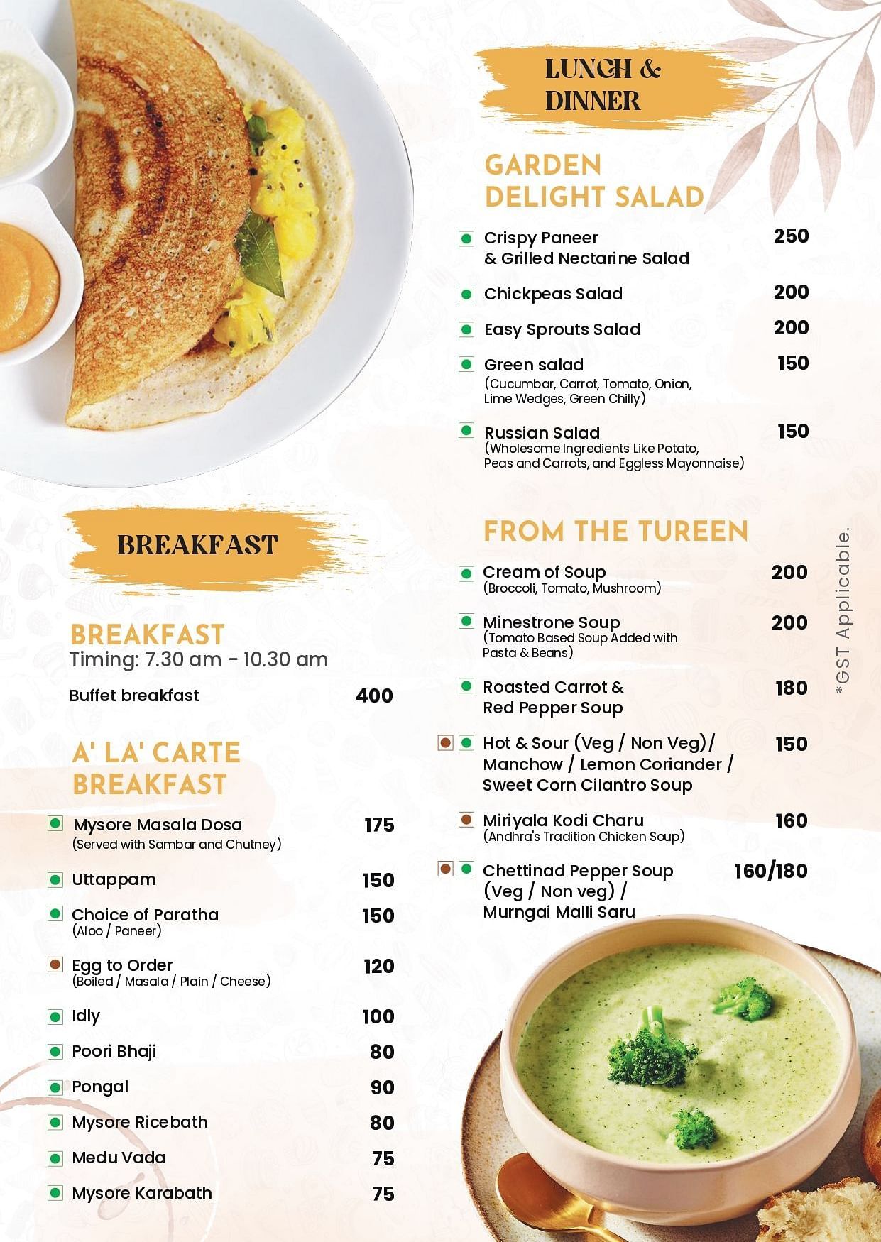 Menu of Livancia Hillside restaurant featuring the list of lunch and dinner and breakfast along with an image of a plate of dosa and a bowl of soup 