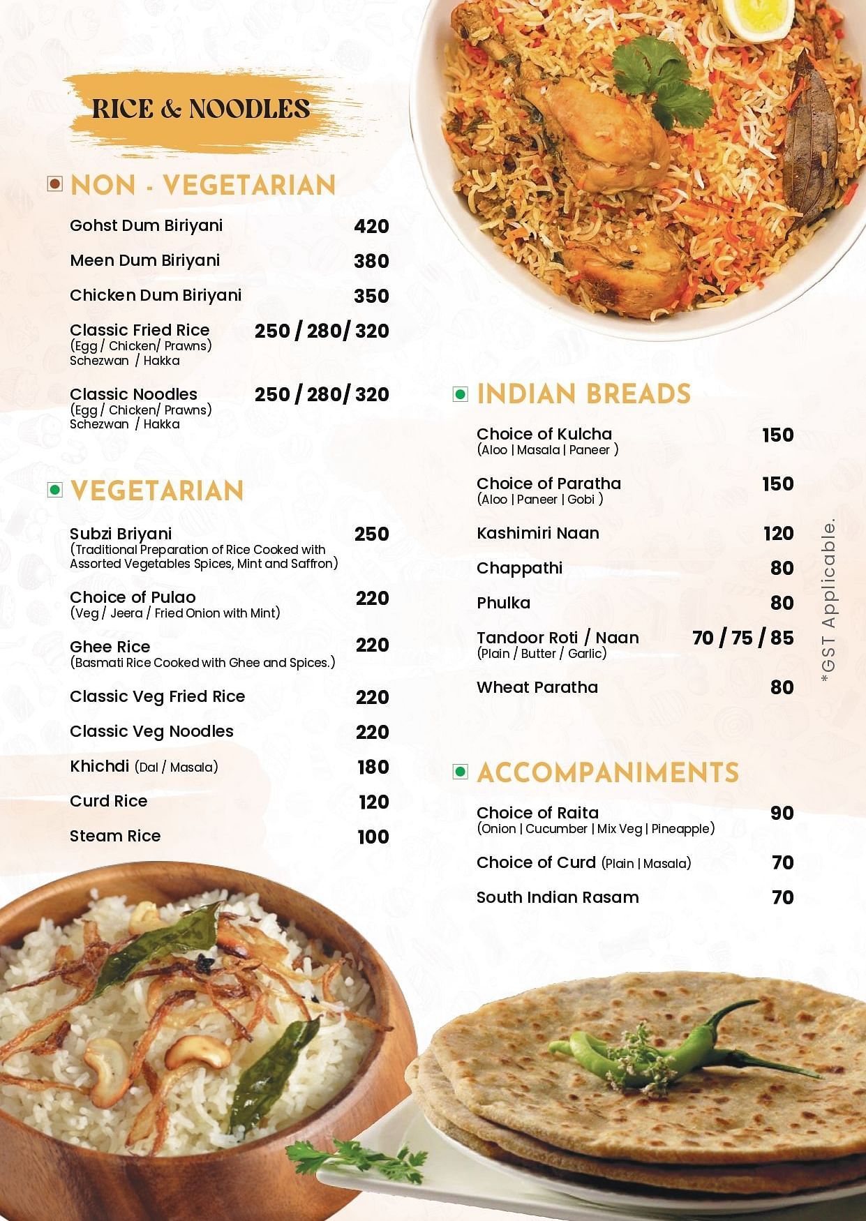 Livancia Hillside Restaurant Menu featuring the list of rice and noodles