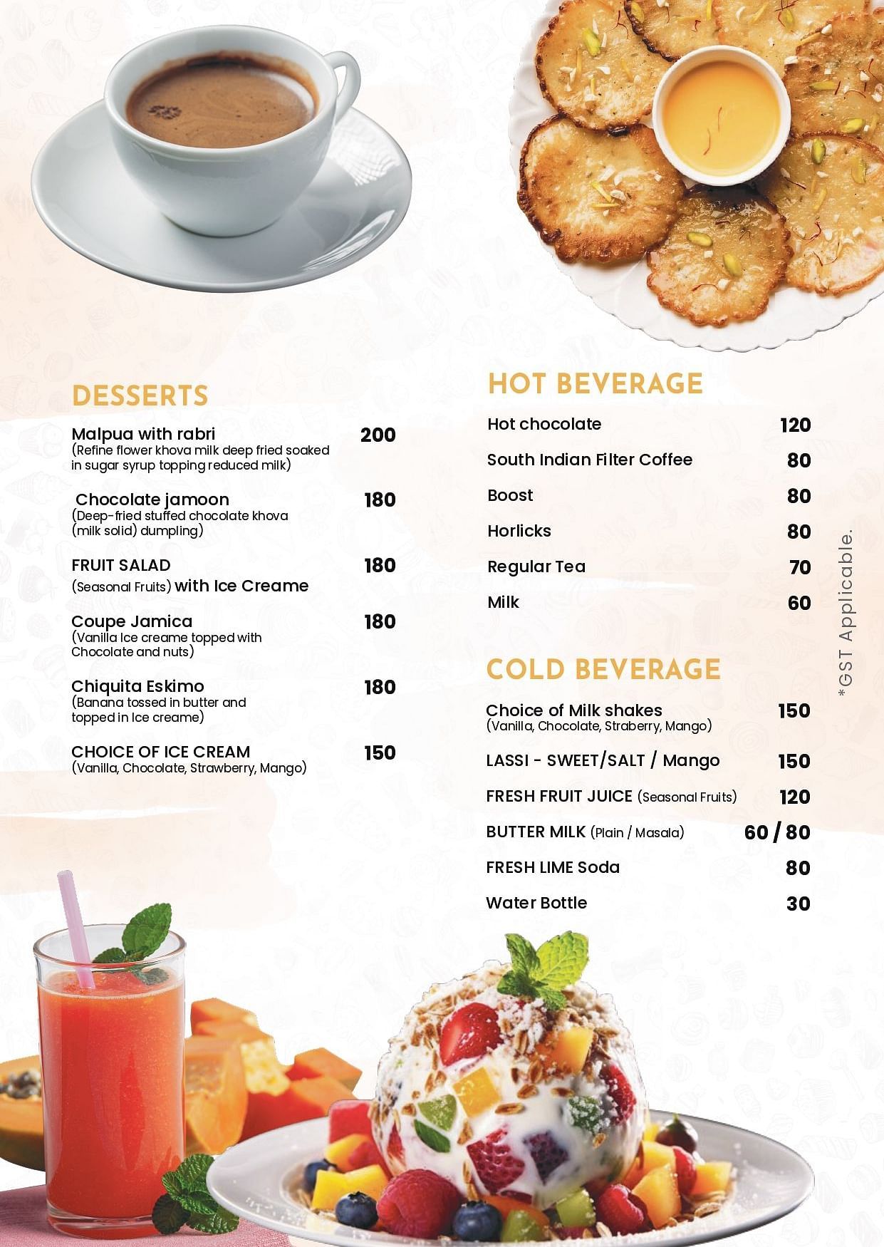 Livancia Hillside  Restaurant Menu featuring desserts and beverages including both hot and cold