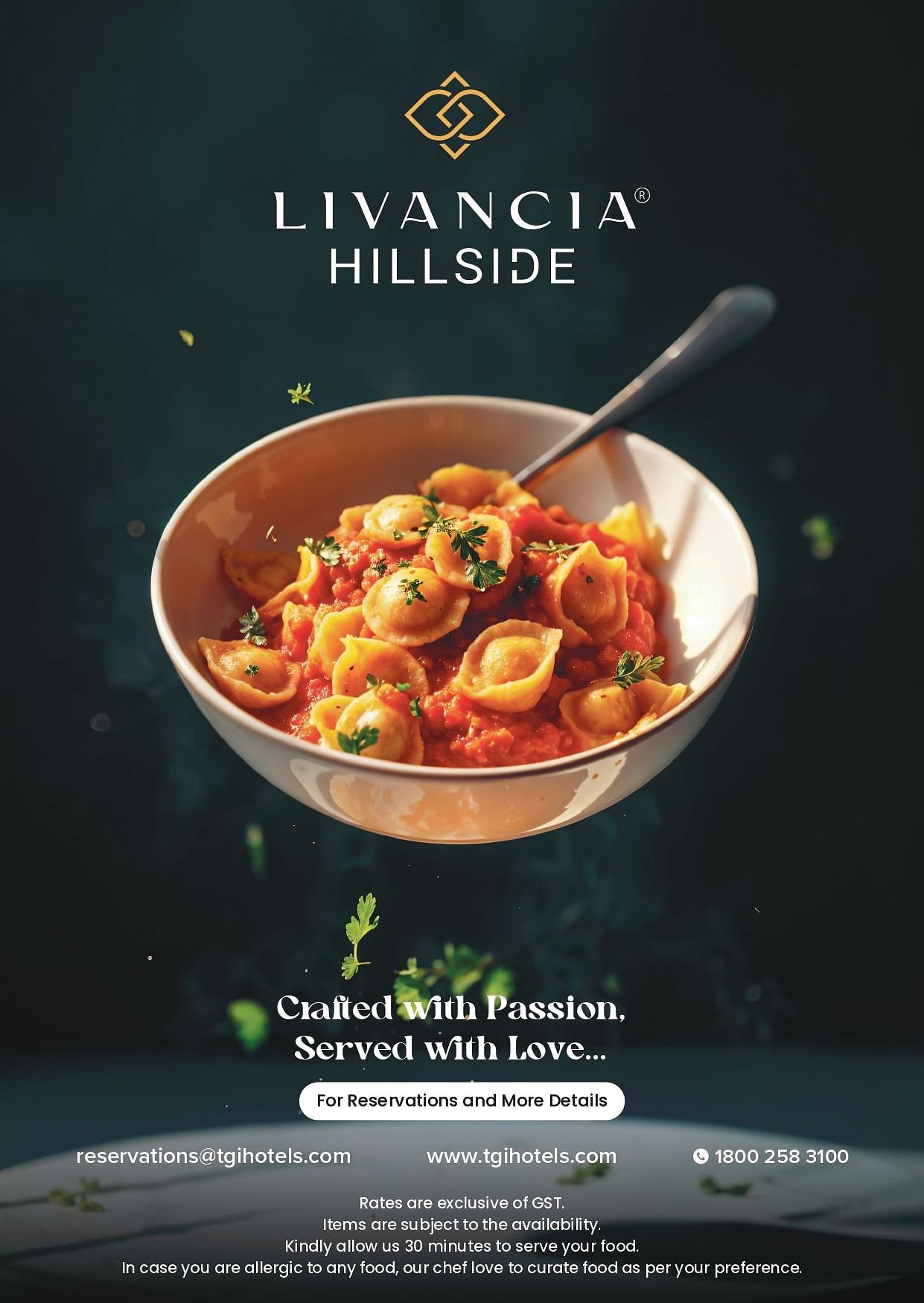 Cover image of the room service menu of Livancia Hillside featuring a bowl of pasta along with the contact details at the bottom