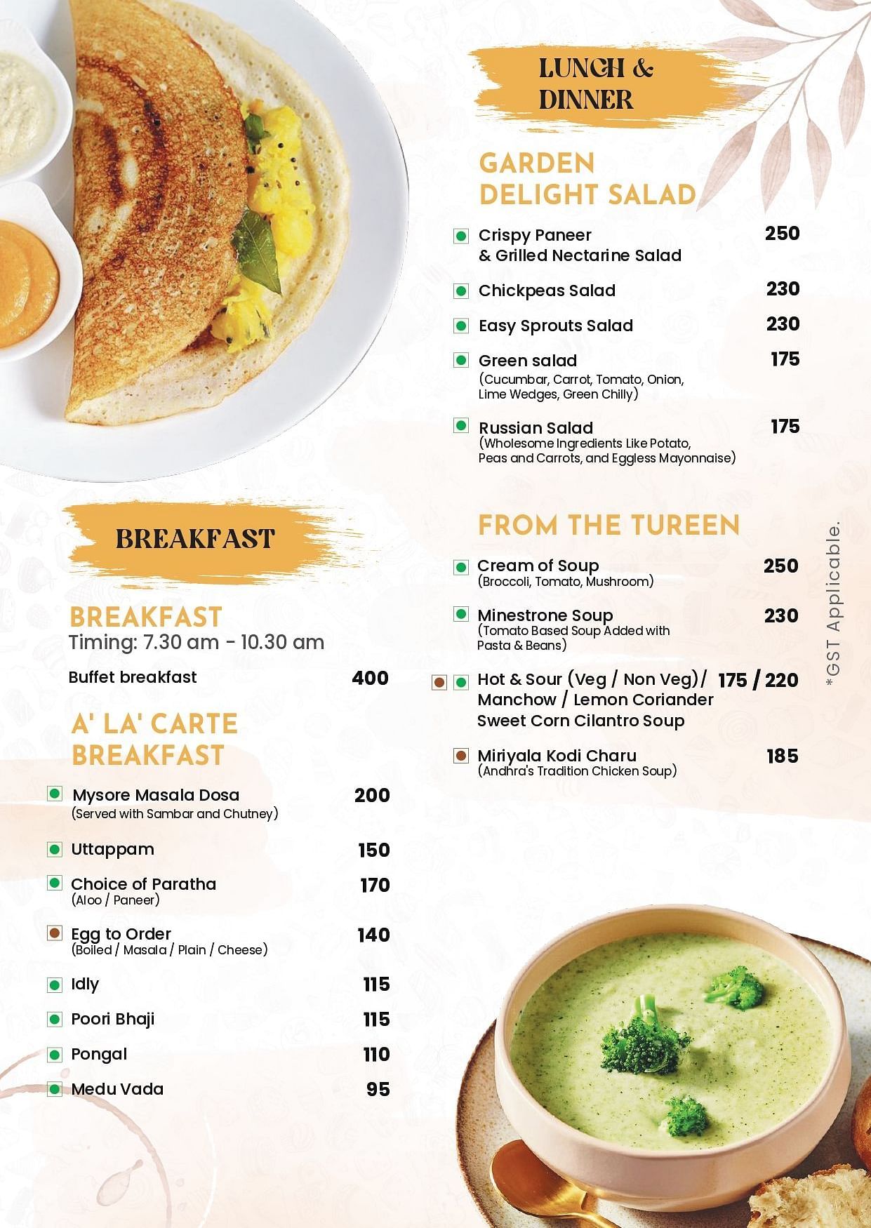 Menu of Livancia Hillside room service featuring the list of lunch and dinner and breakfast along with an image of a plate of dosa and a bowl of soup 