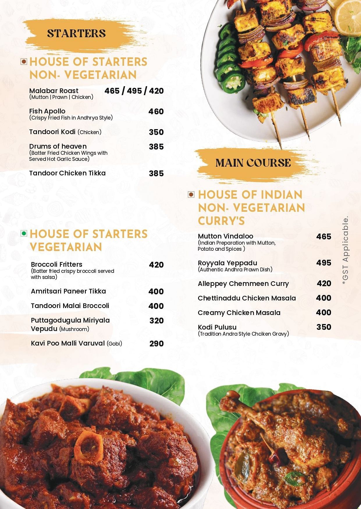 Room service menu of Livancia Hillside featuring the list of veg and non-veg starters and non-veg main course