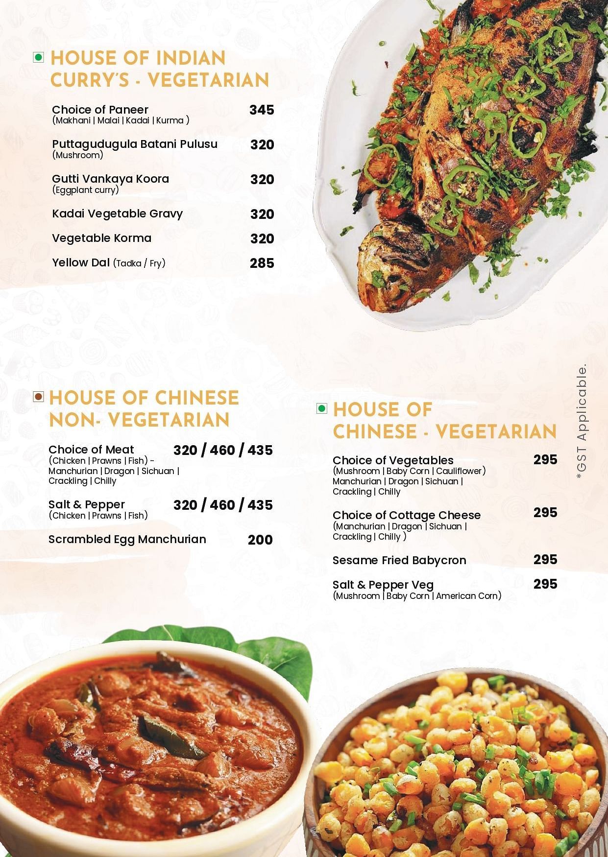 Livancia Hillside room service menu featuring veg Indian main course and Chinese veg and non-veg main courses