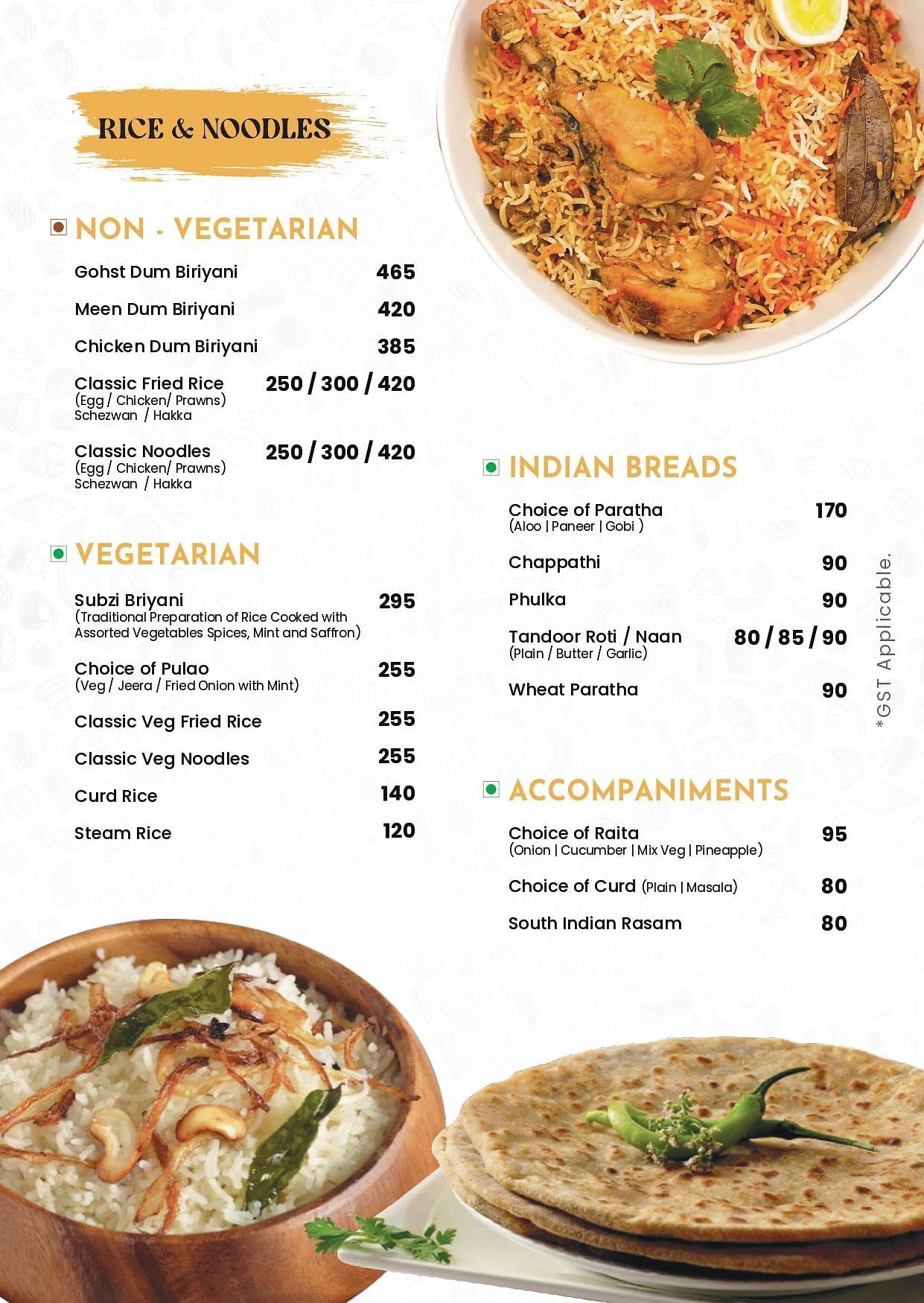 Livancia Hillside RoomService Menu featuring the list of rice and noodles