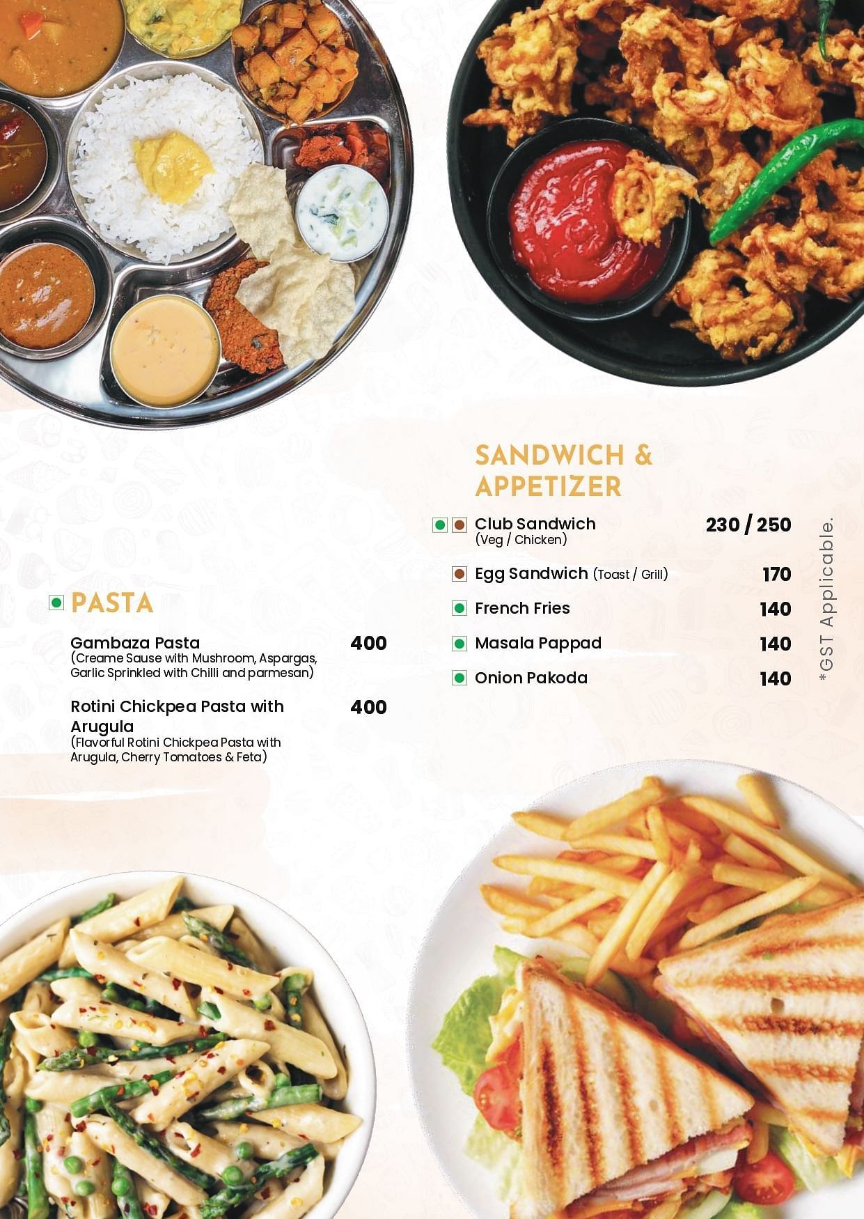 Livancia Hillside Room Service Menu featuring the list of pasta along with sandwich and appetizers