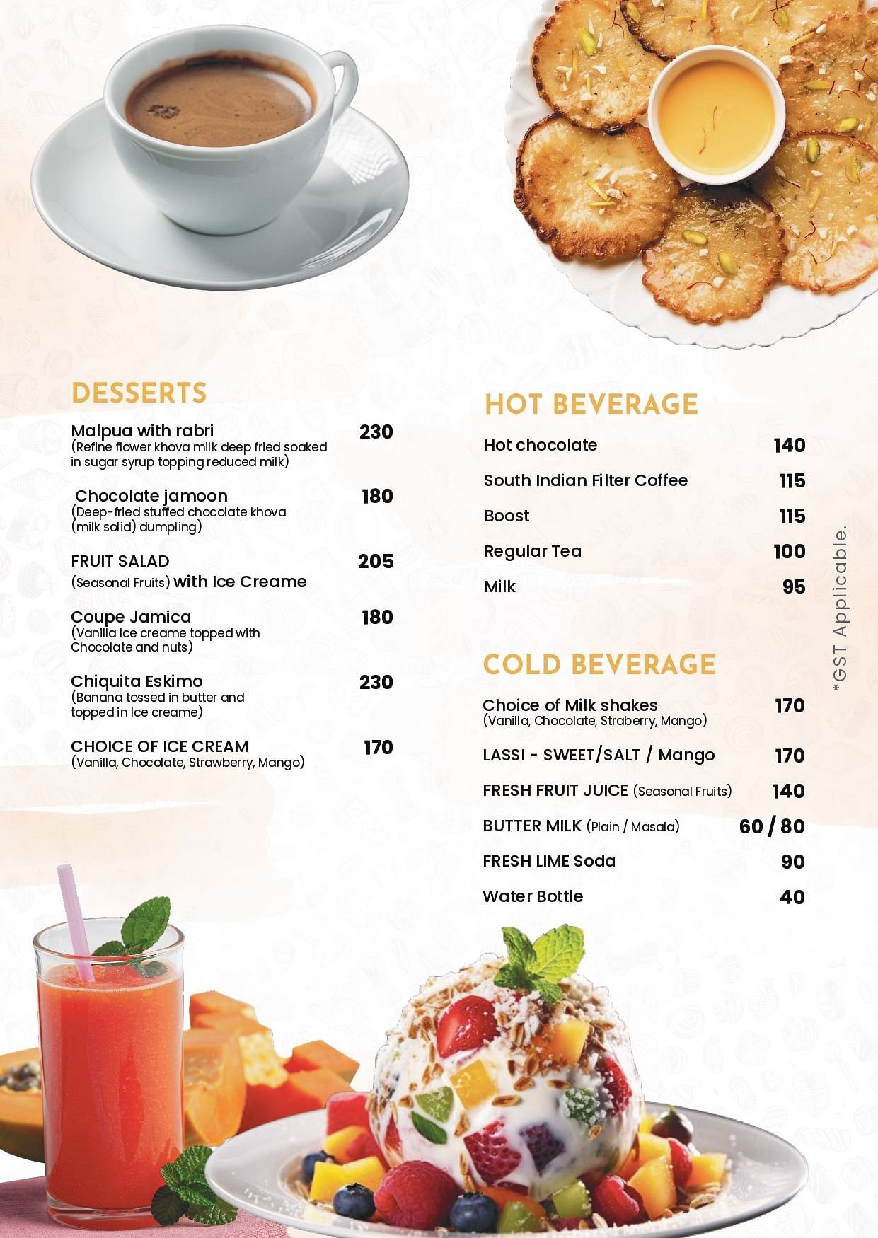 Livancia Hillside Room Service Menu featuring desserts and beverages including both hot and cold