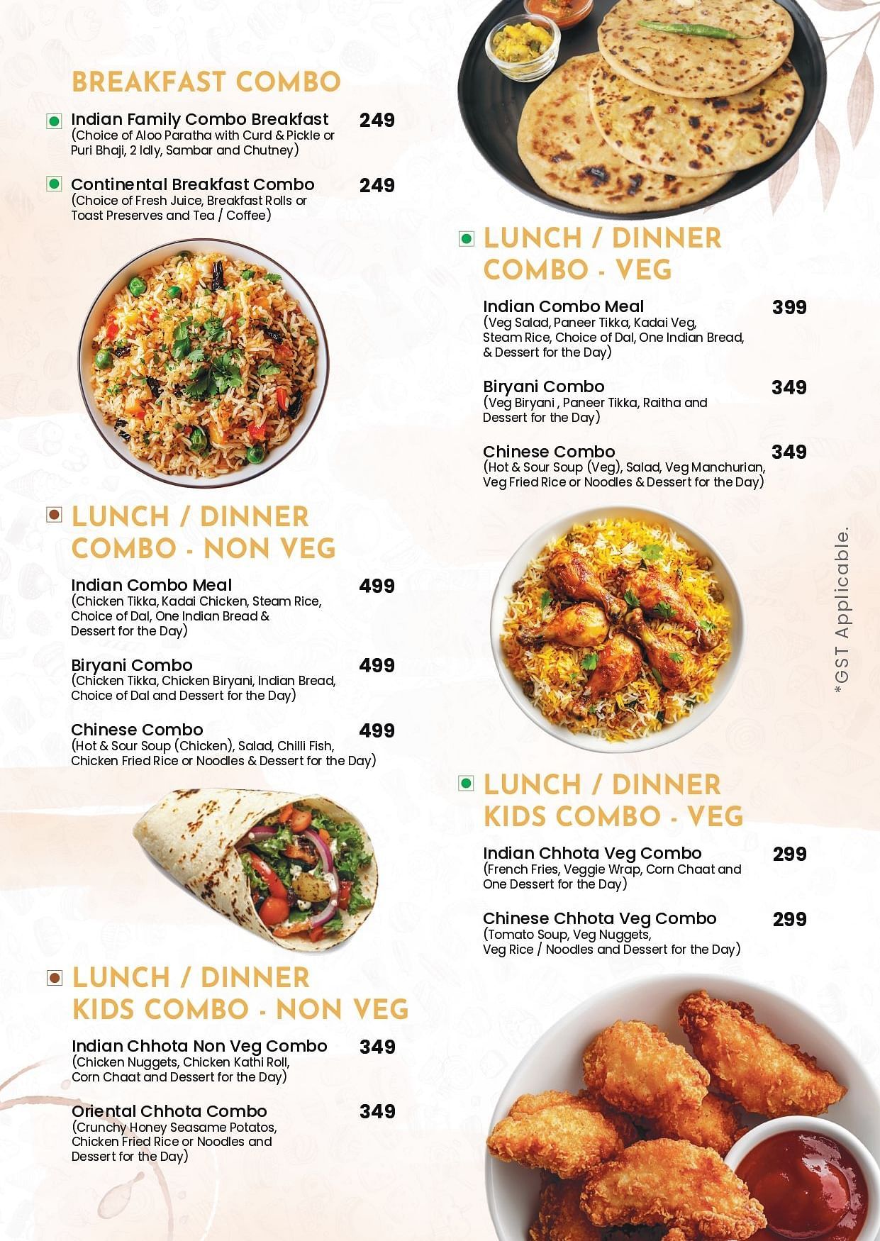 Livancia Hillside Room Service menu featuring the list of various kinds of combos such as breakfast, lunch and dinner along with varieties of non-veg and veg
