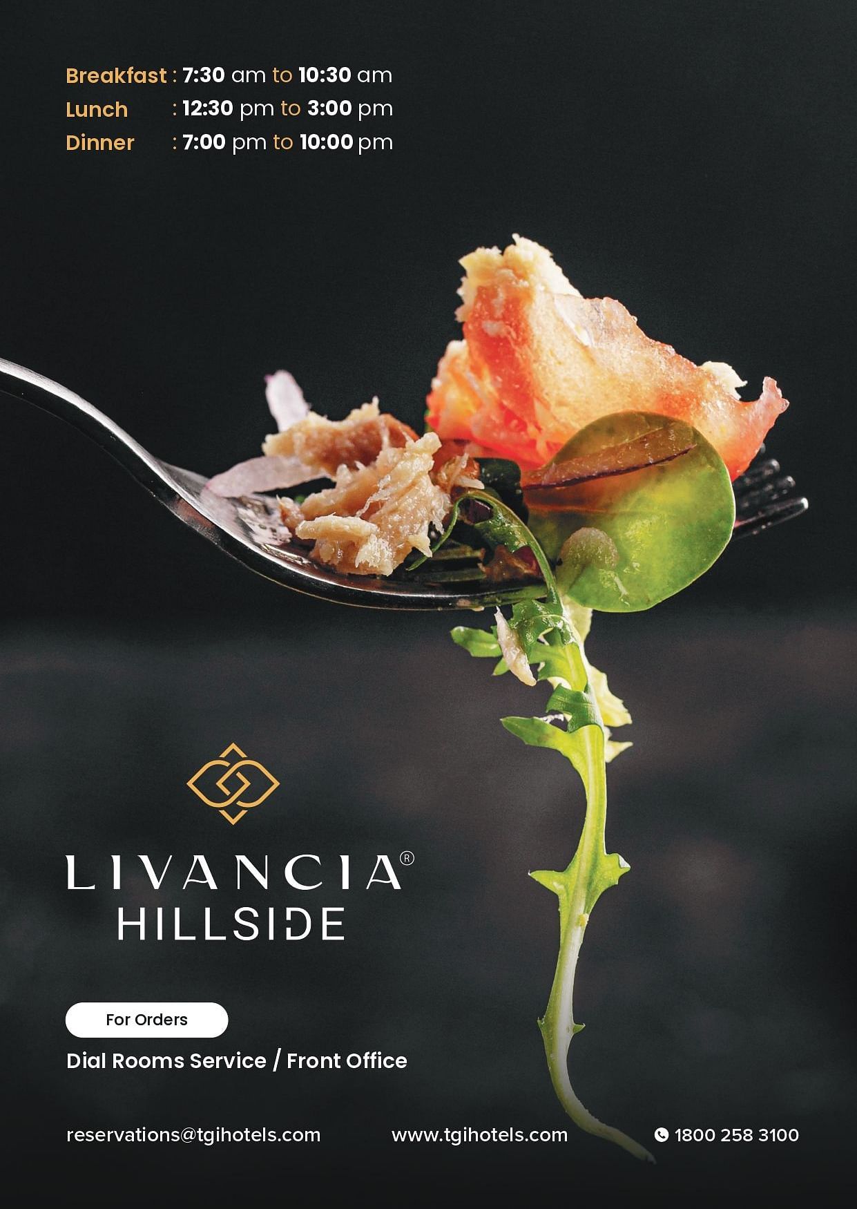 Back cover of Livancia Hillside room service menu featuring a spoonful of food along with the mention of timings for breakfast, lunch and dinner 