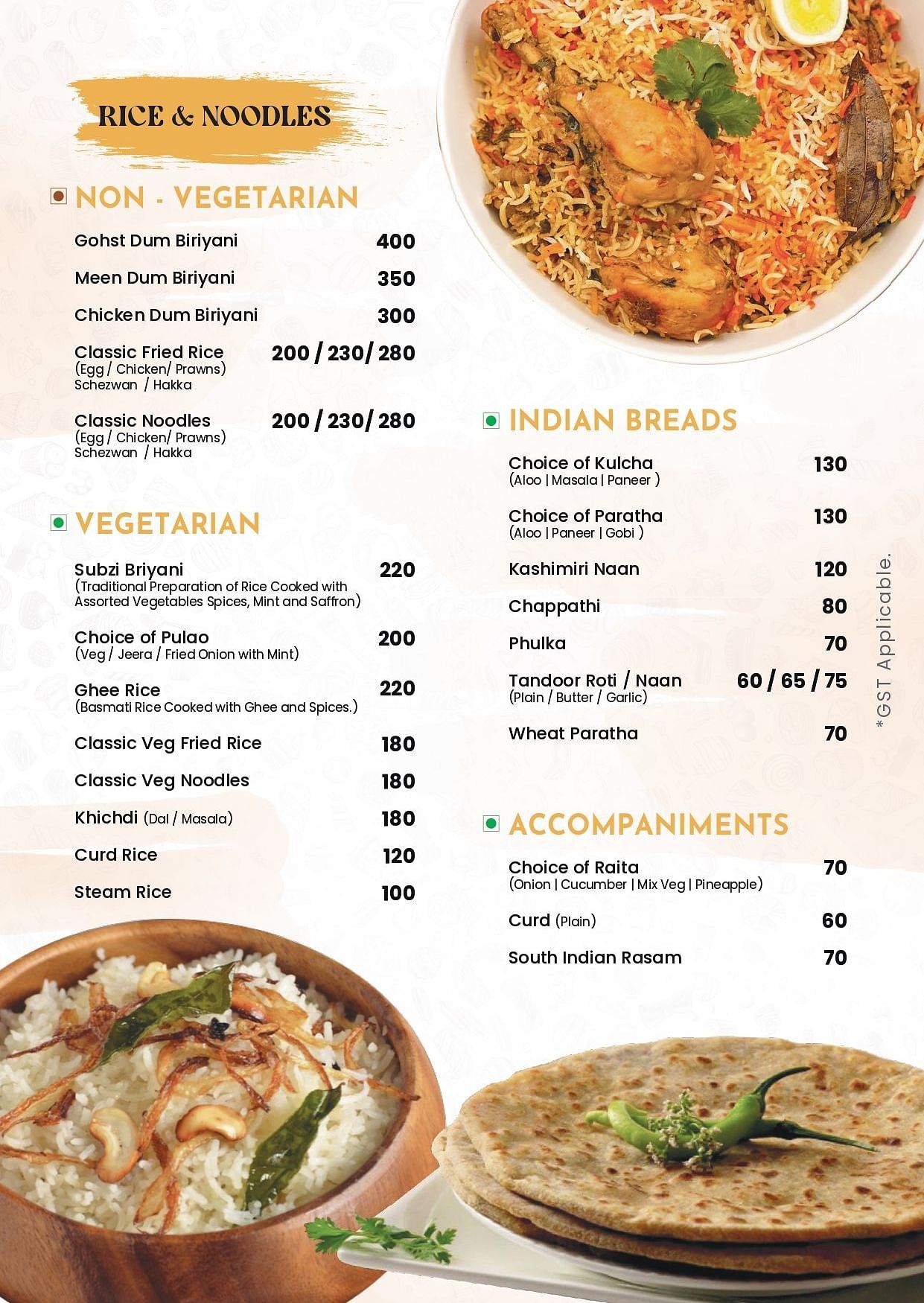 A restaurant menu page of TGI Livancia Hillside shows Rice & Noodles and Indian Breads presents various biryani, fried rice, noodle, and bread options with their prices in rupees.
