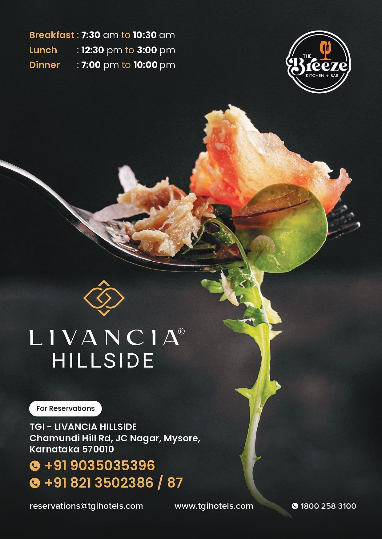Back cover of Livancia Hillside Restaurant menu Livancia Hillside features a close-up of food artfully arranged on a fork, promoting their dining hours and contact details.