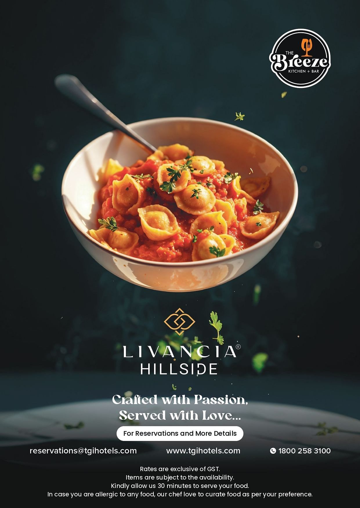 Main cover of room service menu of TGI Livancia Hillside featuring a bowl of pasta with a fork in it and garnished with little pieces of coriander leaves