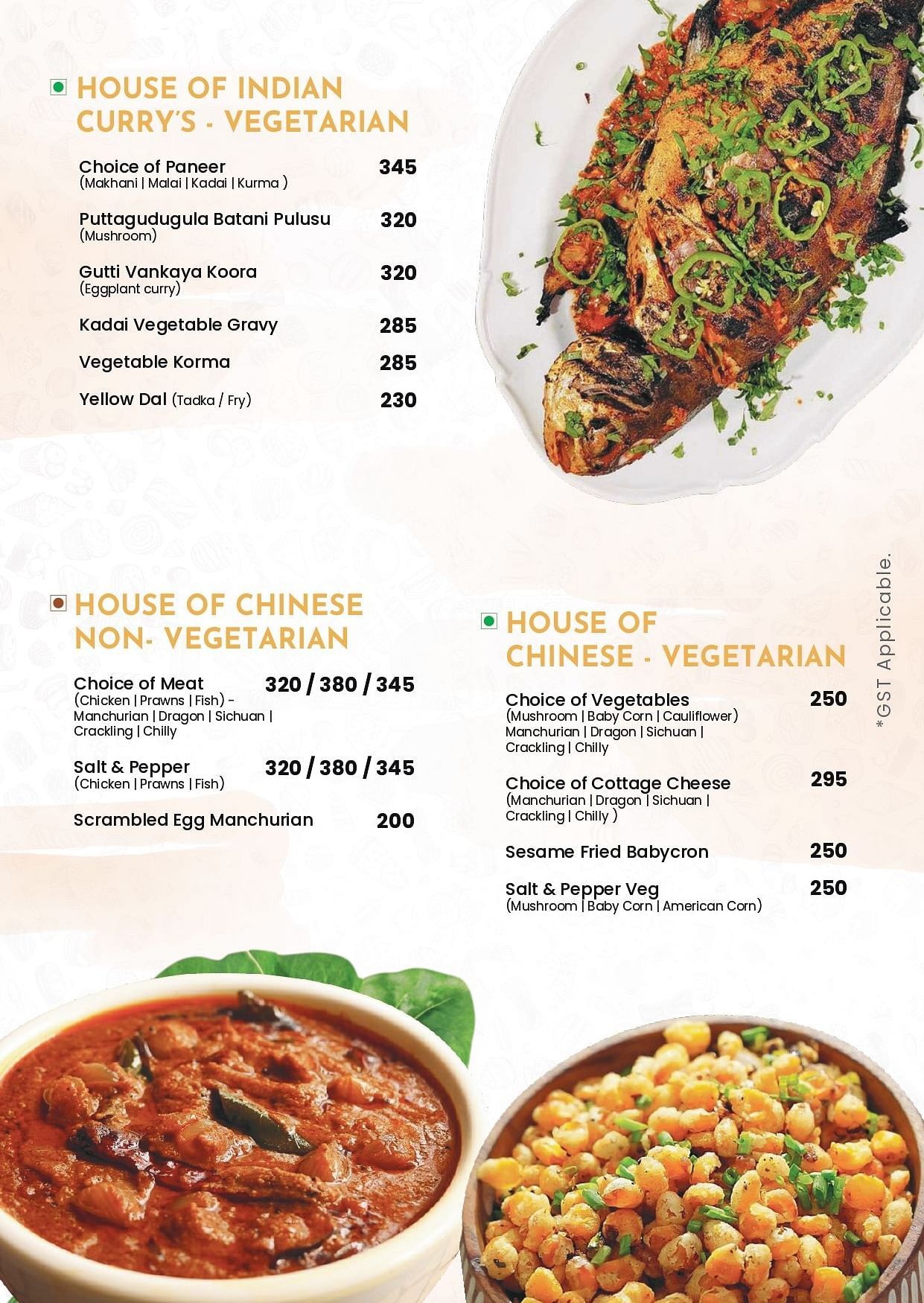 Room service menu displays House of Indian Curry vegetarian dishes and House of Chinese vegetarian and non-vegetarian options with prices.