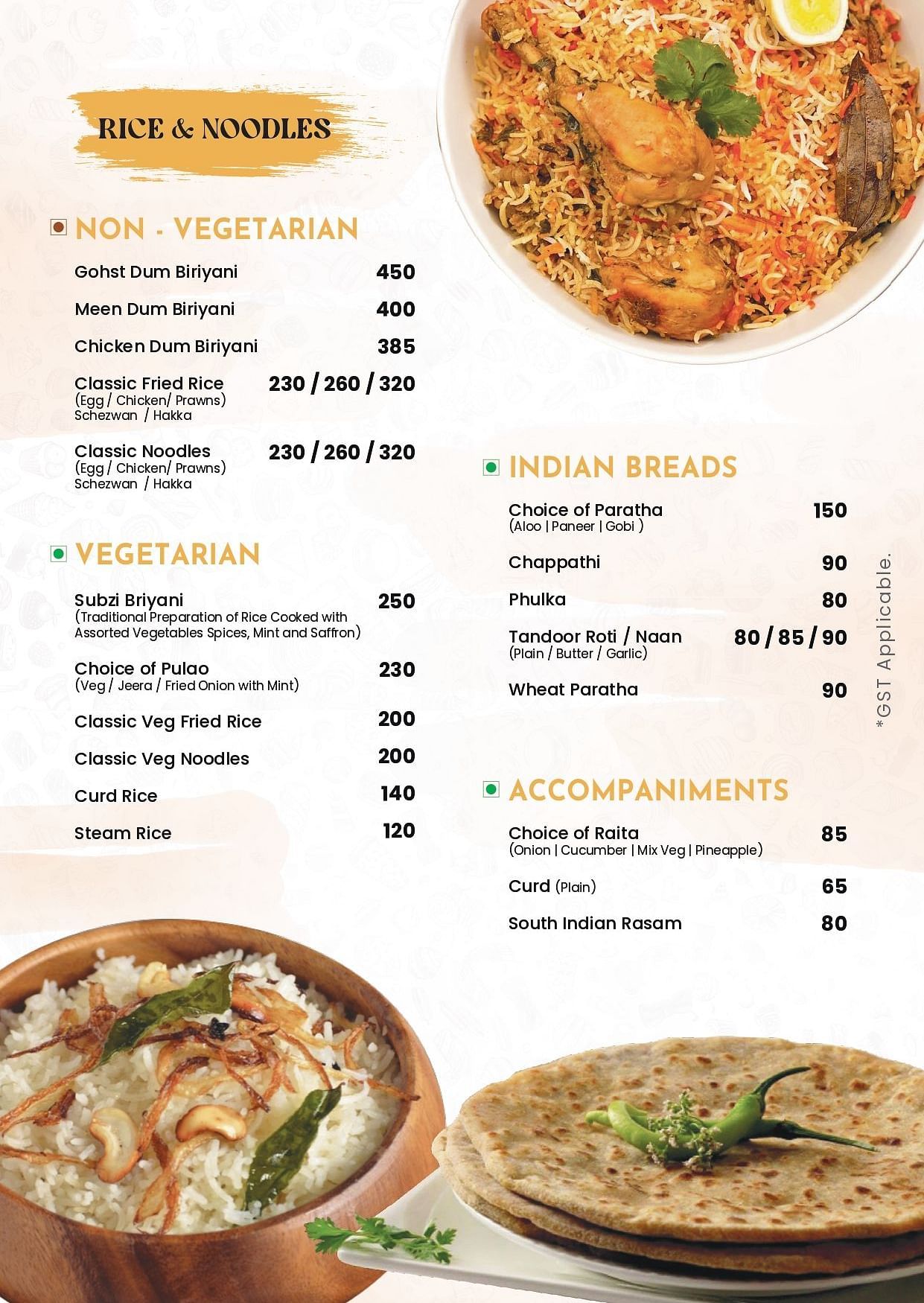 Room service menu of Livancia Hillside features Rice & Noodles and Indian Breads presents various biryani, fried rice, noodle, and bread choices with listed prices.