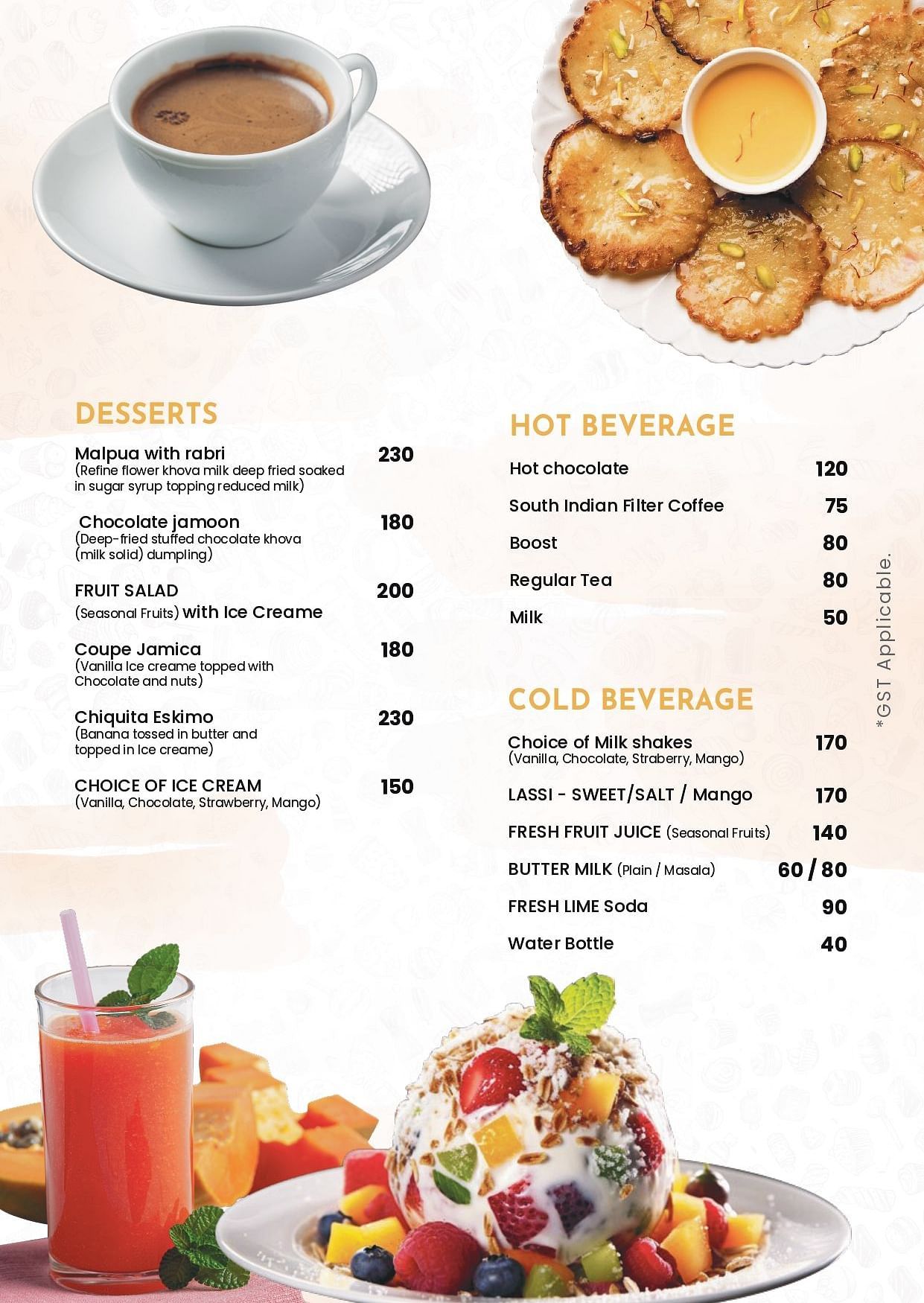 Room service menu at TGI Livancia Hillside presents Desserts, Hot Beverages and Cold Beverages, each listed with its price.